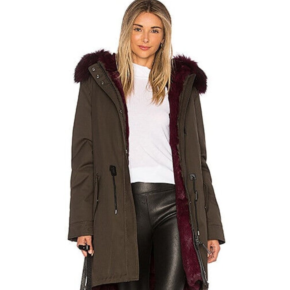 MACKAGE MORITZ TWILL PARKA WITH FUR LINED HOOD IN GREEN AND PURPLE